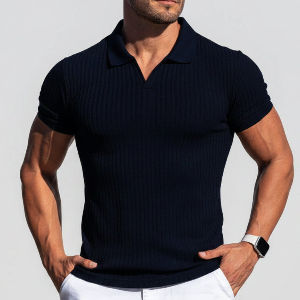 Poloshirt met revers, V-hals, verticale strepen, korte mouwen, heren T-shirt
